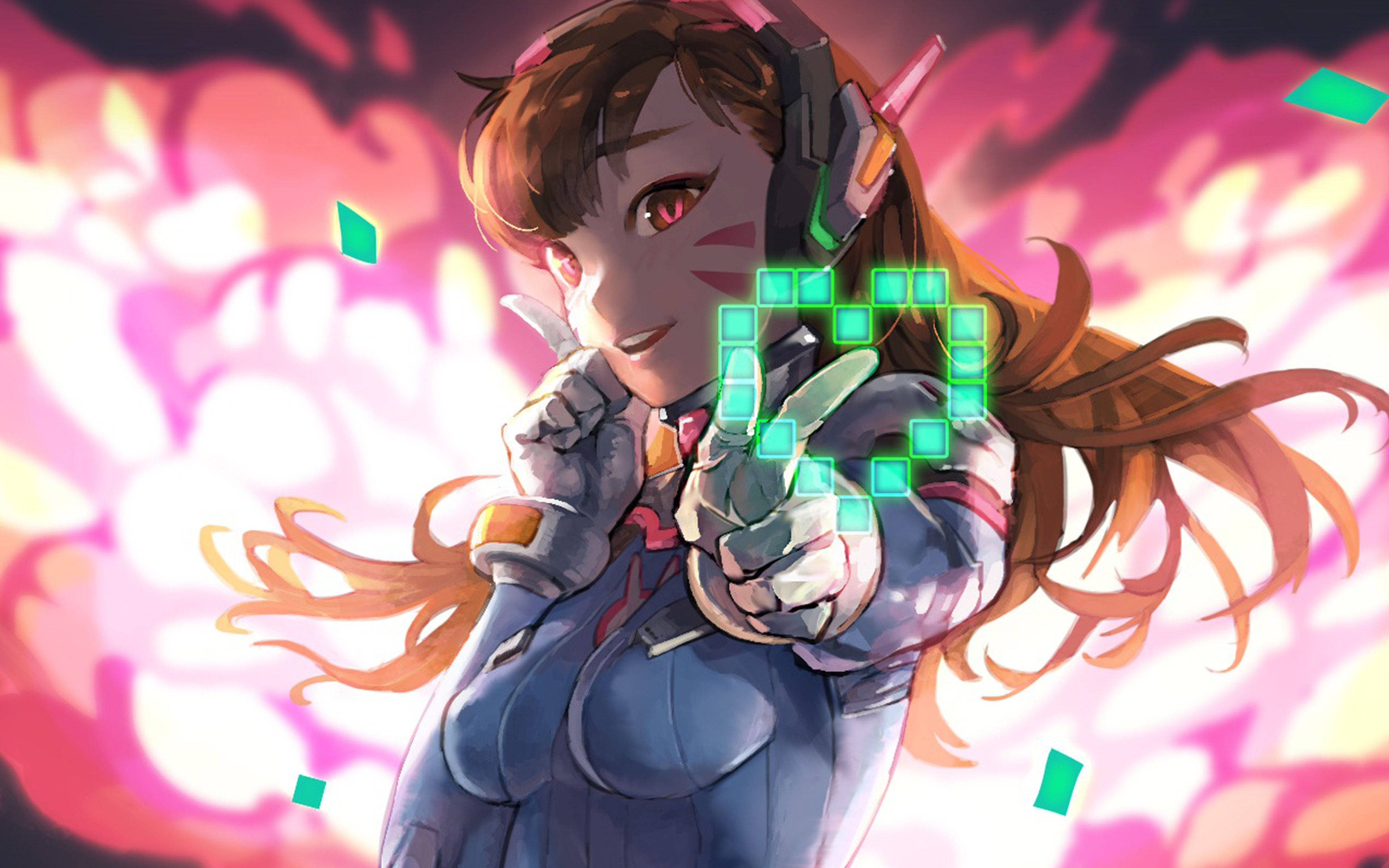 動漫女孩 桌布 壁紙 — 一個微笑的動漫女孩穿著未來裝備，在粉紅色火焰背景前，將發光的綠色數位槍指向觀眾。