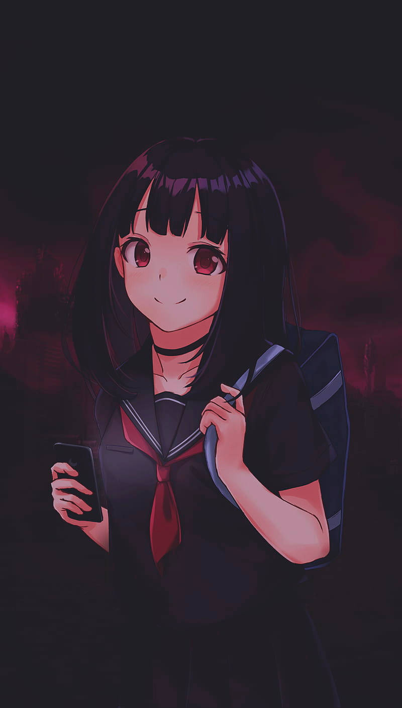 Anime Girl Phone 桌布 壁紙 — 一個微笑的動漫女孩穿著深色校服，在情緒化的紅黑背景前拿著手機。