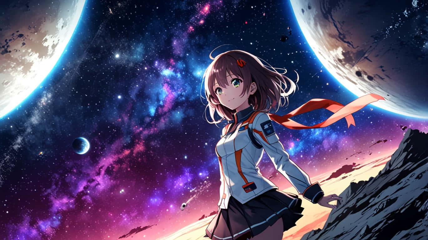 Floating through space in anime style. 壁紙 — 一個微笑的動漫女孩穿著白色太空衣，站在一個岩石行星上，身後有兩個巨大的月亮和一個充滿活力的紫色星雲。