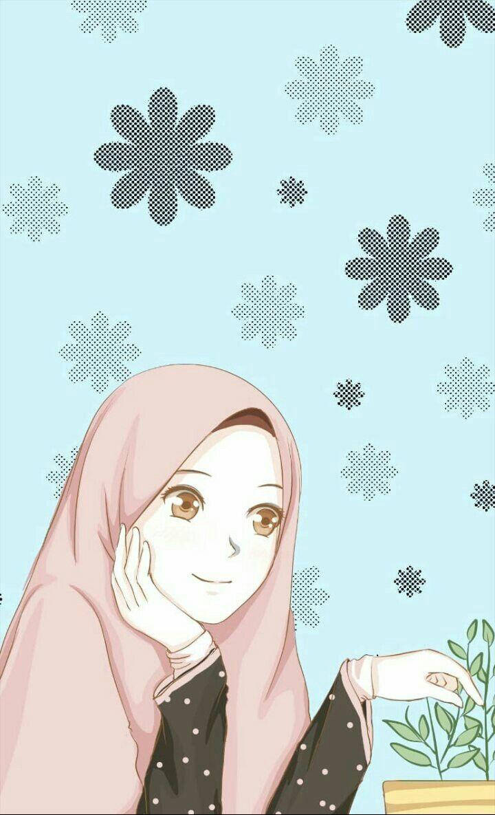 anime hijab 桌布 壁紙 — 一個微笑的動漫女孩穿著粉紅色頭巾，輕輕觸摸盆栽植物，背景是淺藍色帶有半色調花卉圖案。