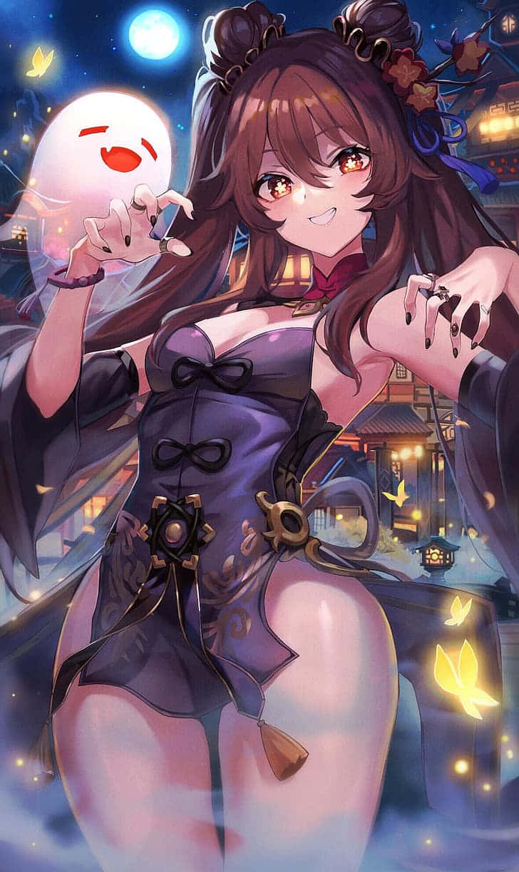 Anime Girl Phone 桌布 壁紙 — 一個微笑的動漫女孩穿著紫色服裝，在充滿燈籠和蝴蝶的活力夜城市景中，手持一個發光的幽靈球體。
