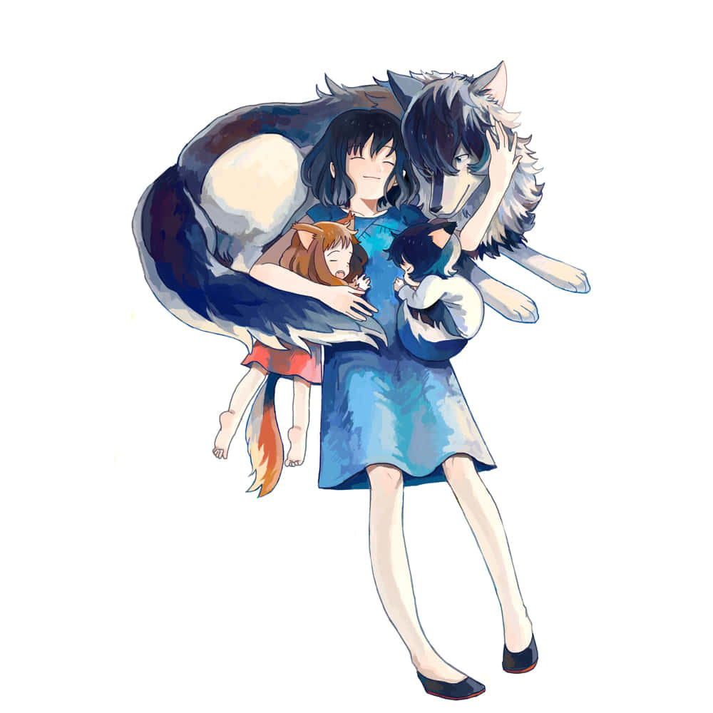 Wolf Children 桌布 壁紙 — 一個微笑的動漫女孩穿著藍色連衣裙，被一隻大狼擁抱，同時懷裡抱著兩個像小狐狸的孩子，充滿溫暖和愛意。