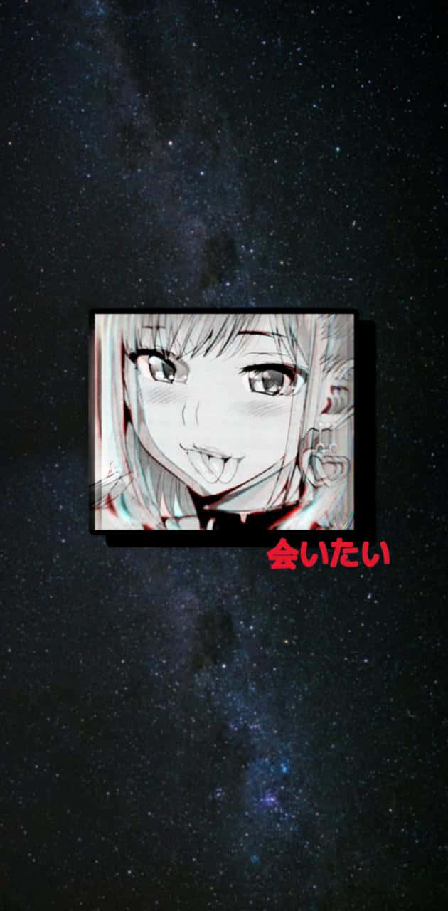 動漫 桌布 壁紙 — 一個微笑的動漫女孩肖像漂浮在星光銀河背景下，下方有紅色日文字。