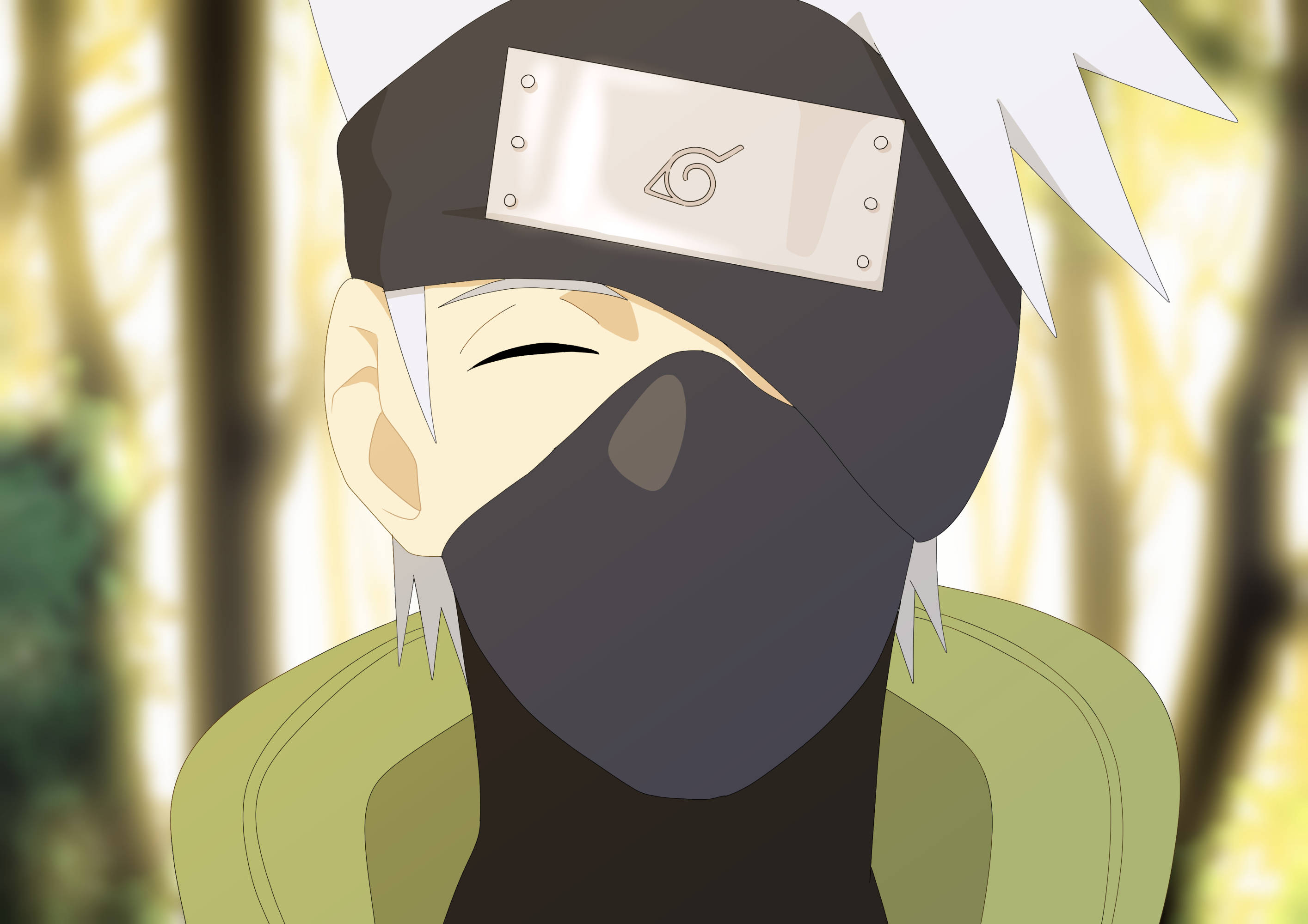 Naruto Kakashi 桌布 壁紙 — 一個微笑的動漫忍者，白色刺蝟頭和黑色面罩，在陽光明媚的森林中眨眼。