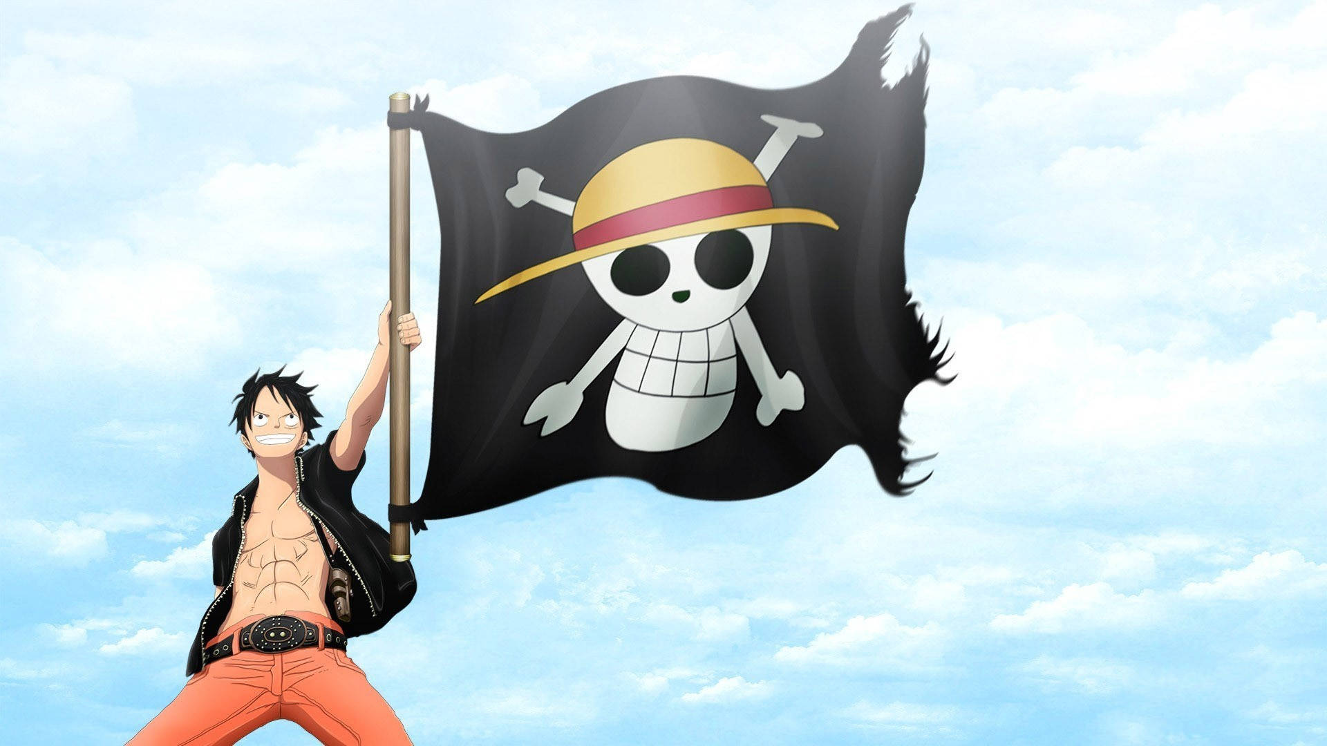 Luffy Aesthetic 桌布 壁紙 — 一個微笑的動漫海盜，旗幟上有草帽標誌，在明亮的陰天天空下自豪地站立。