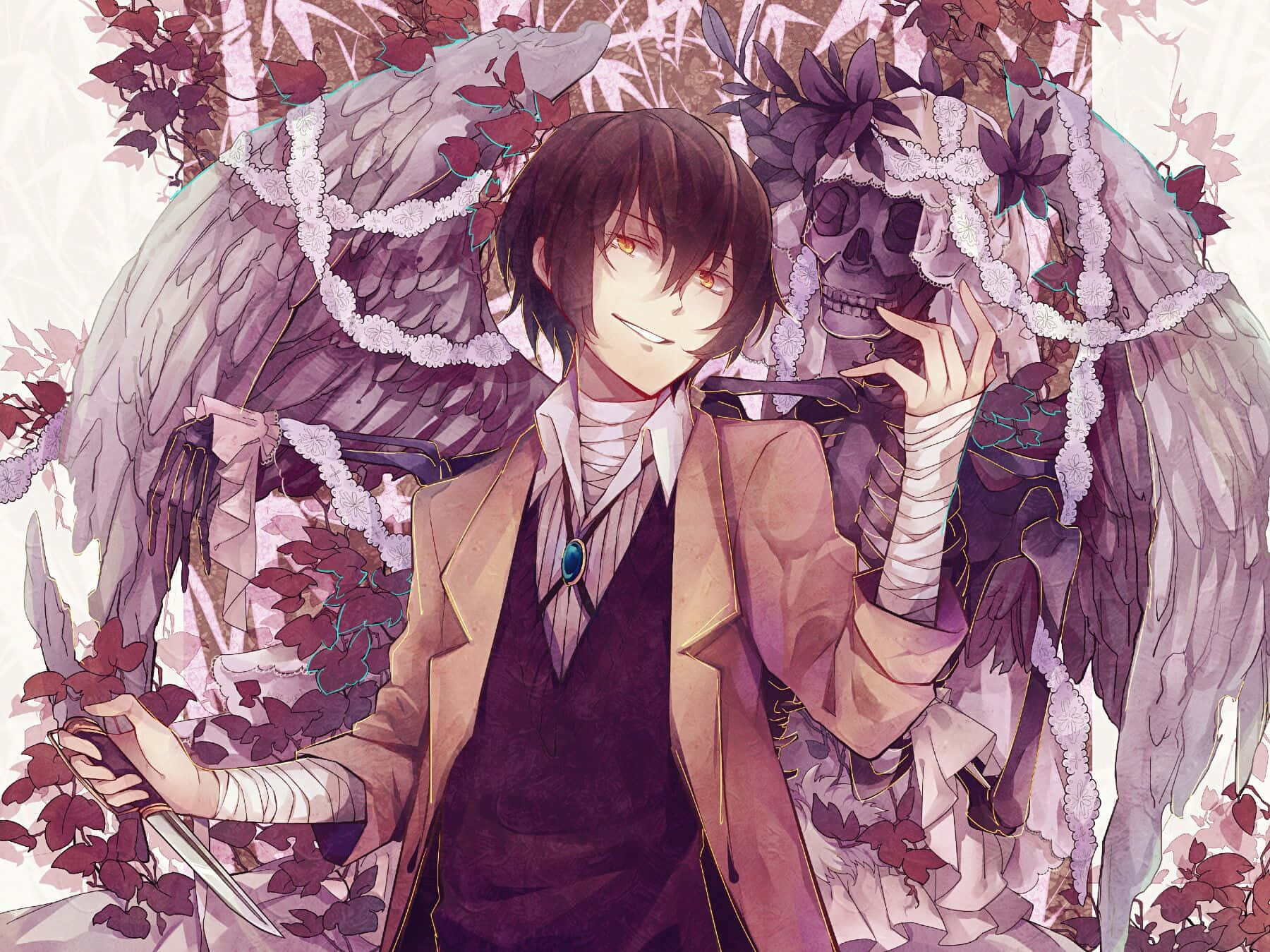 動漫男孩 桌布 壁紙 — 一個微笑的動漫男孩，黑髮橙眼，站在一個裝飾著紫色花朵和白色蕾絲的骷髏天使面前。