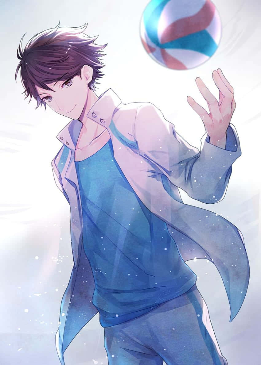 排球少年 桌布 壁紙 — 一個微笑的動漫男孩穿著藍色衣服，在明亮閃爍的背景前頑皮地拋擲一個色彩繽紛的沙灘球。