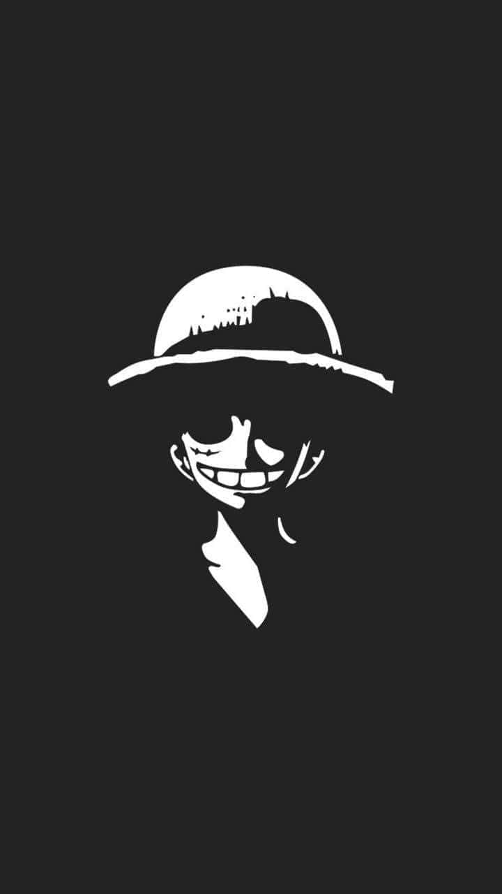 桌布 壁紙 — 一個微笑的動漫角色戴著寬邊帽，在純黑色背景上呈現出鮮明的白色剪影。