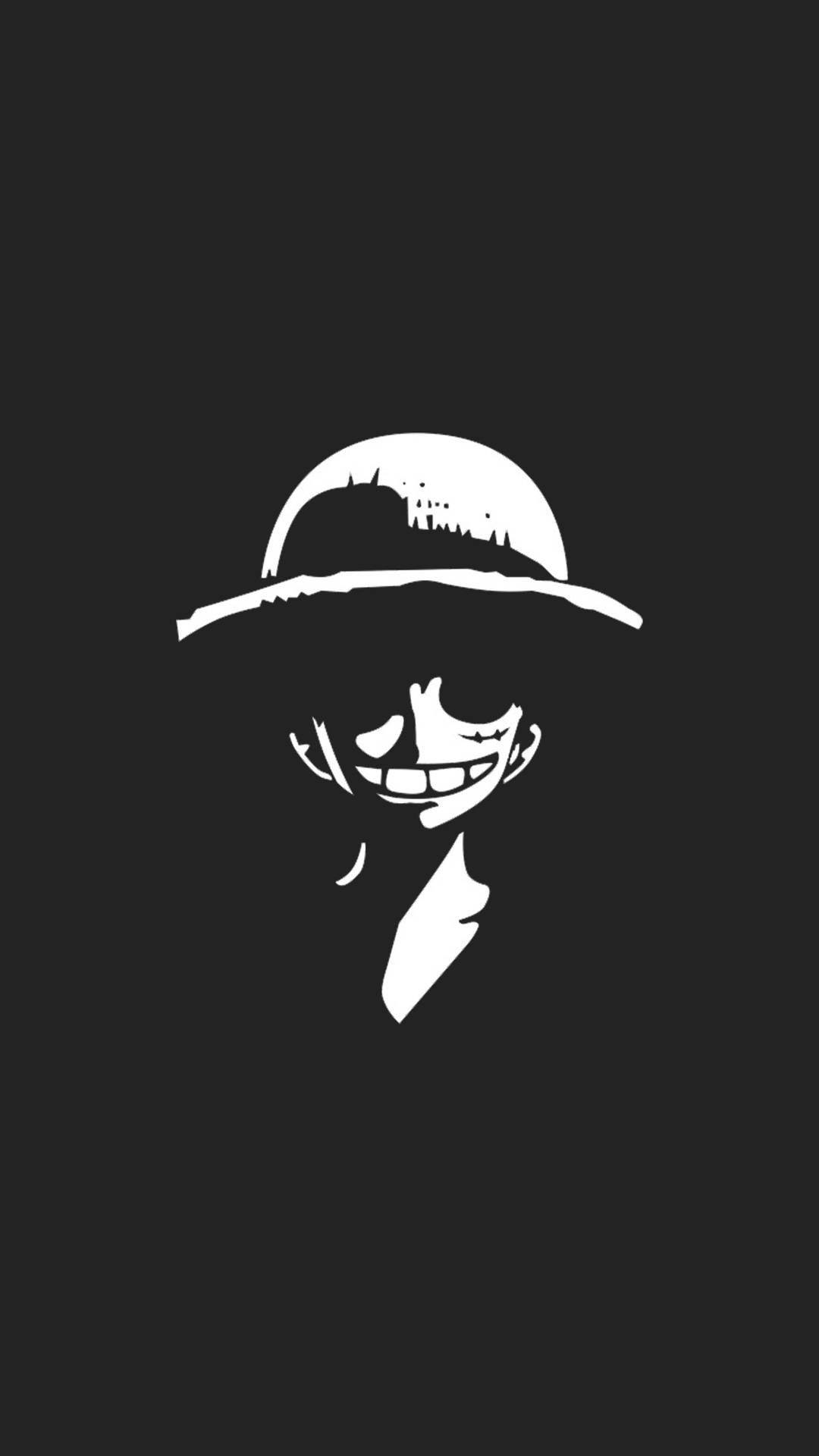 黑白 桌布 壁紙 — 一個微笑的動漫角色戴著寬邊帽，在純黑色背景上呈現出鮮明的白色剪影。