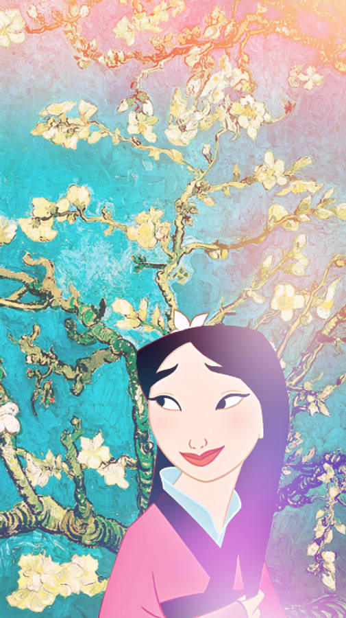 Mulan 桌布 壁紙 — 一個微笑的動畫女孩穿著粉紅色長袍，站在盛開的杏仁樹枝下，背景是充滿活力的青綠色和粉紅色天空。