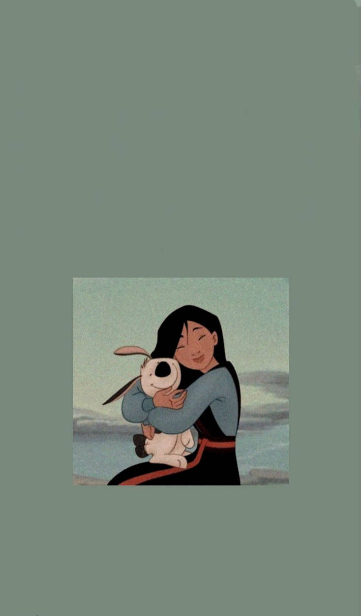 迪士尼公主 桌布 壁紙 — 一個微笑的動畫女孩穿著藍色上衣，在柔和的青綠色天空下擁抱一隻黑鼻子的白兔。
