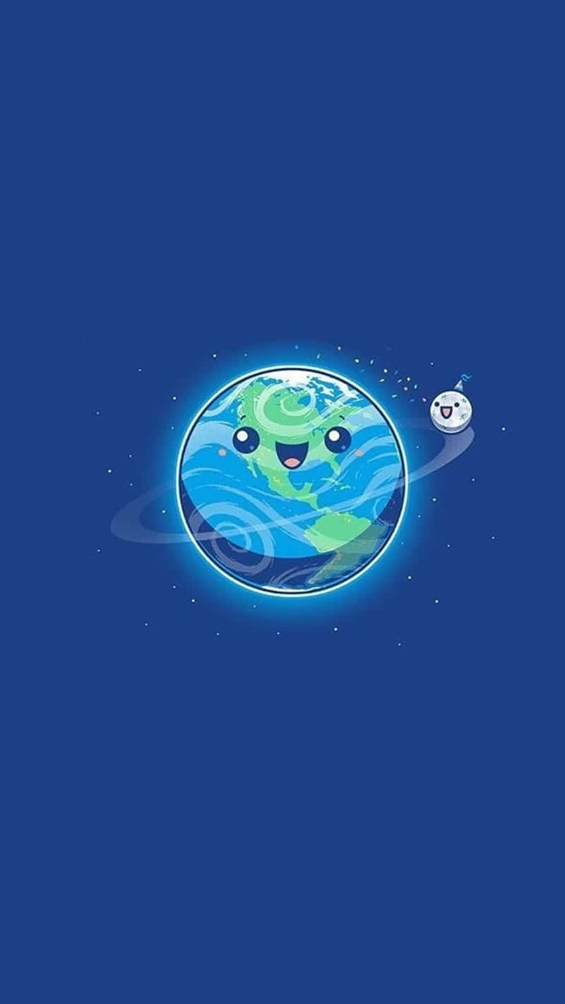 iPhone 桌布 壁紙 — 一個微笑的卡通地球，圍繞著一顆小小的快樂月亮，在深藍色星空背景中運行。