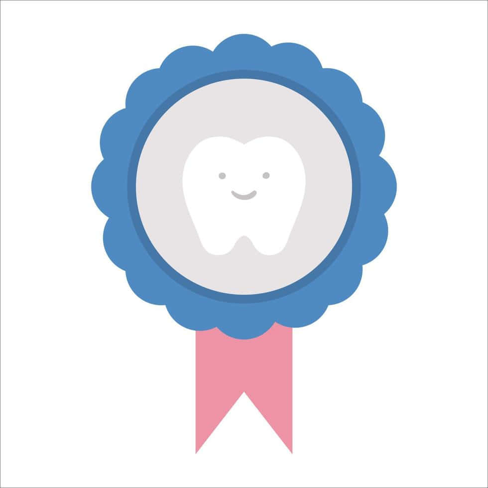 Cute TikTok Profile 桌布 壁紙 — 一個微笑的卡通牙齒位於藍色扇貝形絲帶徽章中央，帶有粉紅色絲帶尾巴。
