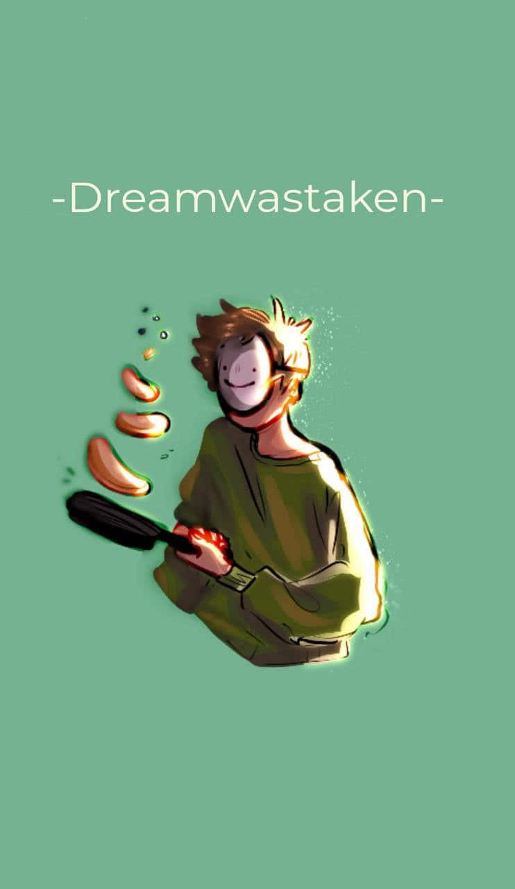 Dreamwastaken 桌布 壁紙 — 一個微笑的卡通男孩，頭髮尖尖，拿著煎鍋，香蕉片在純青色背景上向上漂浮。