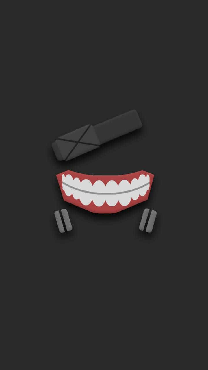 Kaneki's Mask 桌布 壁紙 — 一個微笑的嘴巴，戴著牙套和分離的牙齒，在深灰色背景上的極簡數位插圖。