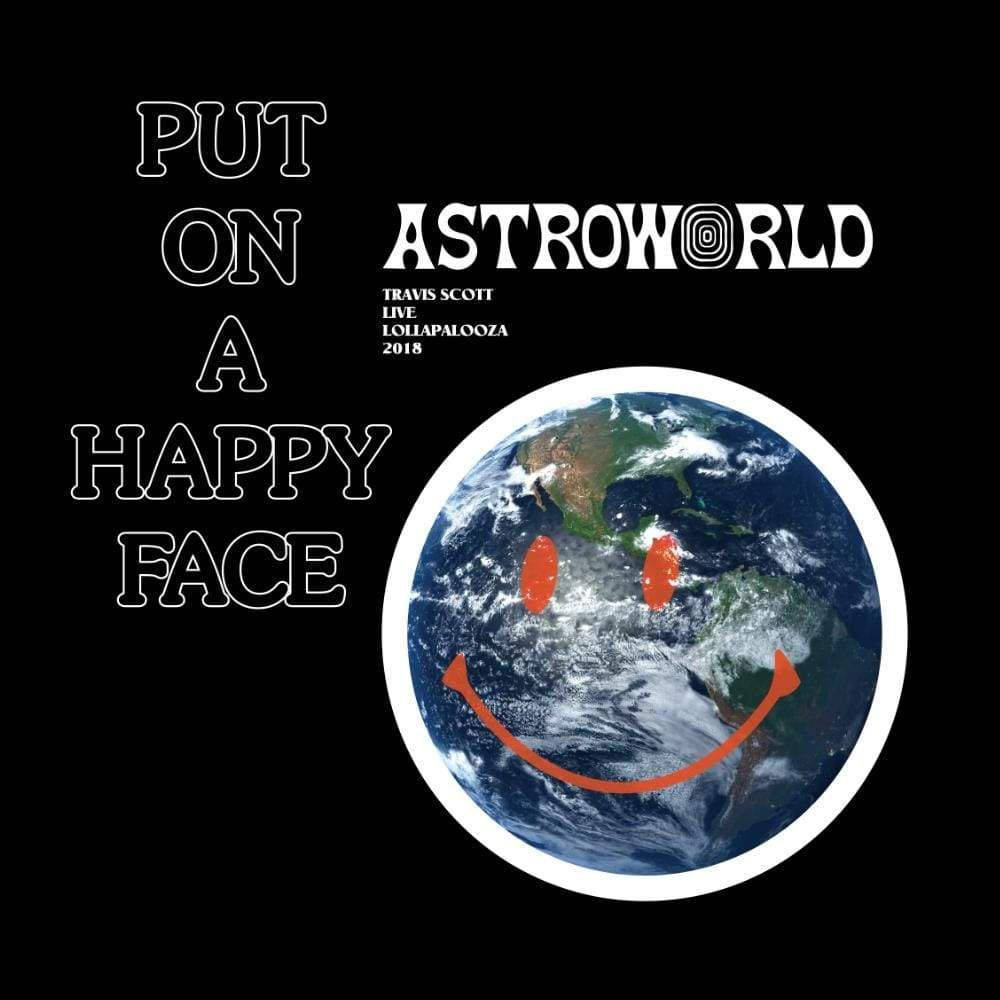 Astroworld 桌布 壁紙 — 一個微笑的地球，有橙色眼睛和嘴巴，黑色背景上有白色文字寫著「PUT ON A HAPPY FACE」和「ASTROWORLD」。