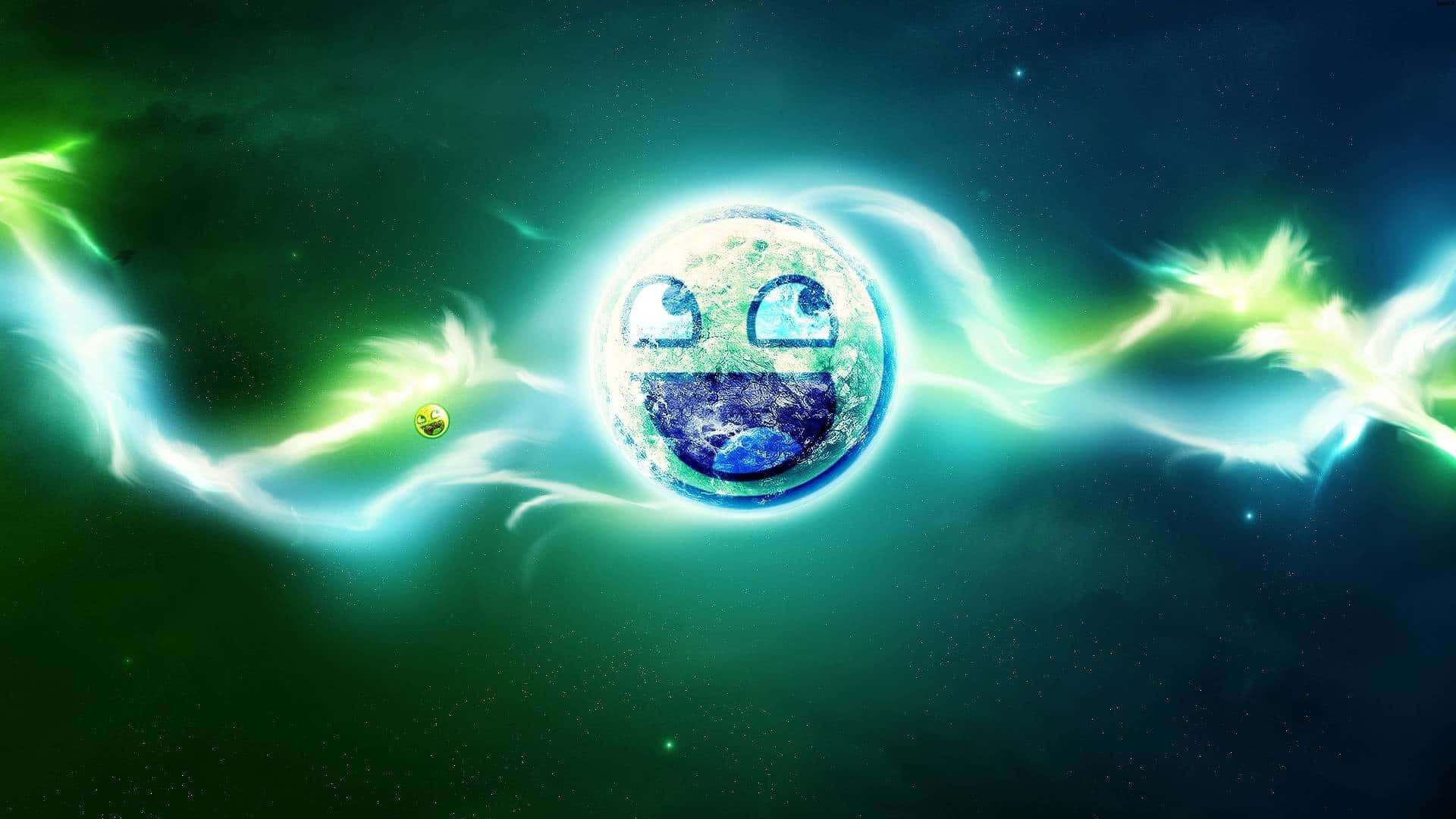 桌布 壁紙 — 一個微笑的地球，發光的綠色能量流圍繞它旋轉，背景是星光燦爛的宇宙。