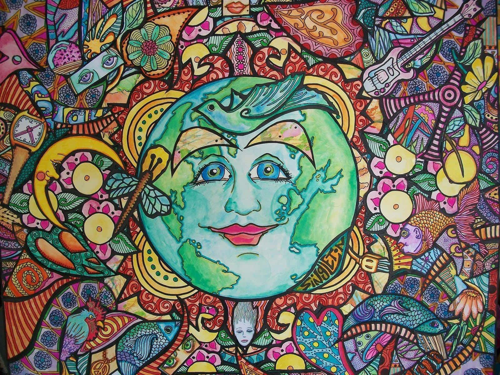 Hippie 桌布 壁紙 — 一個微笑的地球，頭頂棲息著一隻鳥，周圍環繞著色彩繽紛的抽象圖案和符號，充滿活力的迷幻插圖。