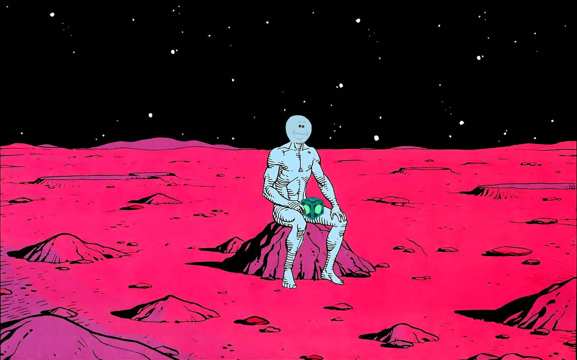 Meeseeks 桌布 壁紙 — 一個微笑的外星人坐在岩石上，在繁星點點的黑色天空下，在一個生動的粉紅色外星行星上拿著一個發光的球體。
