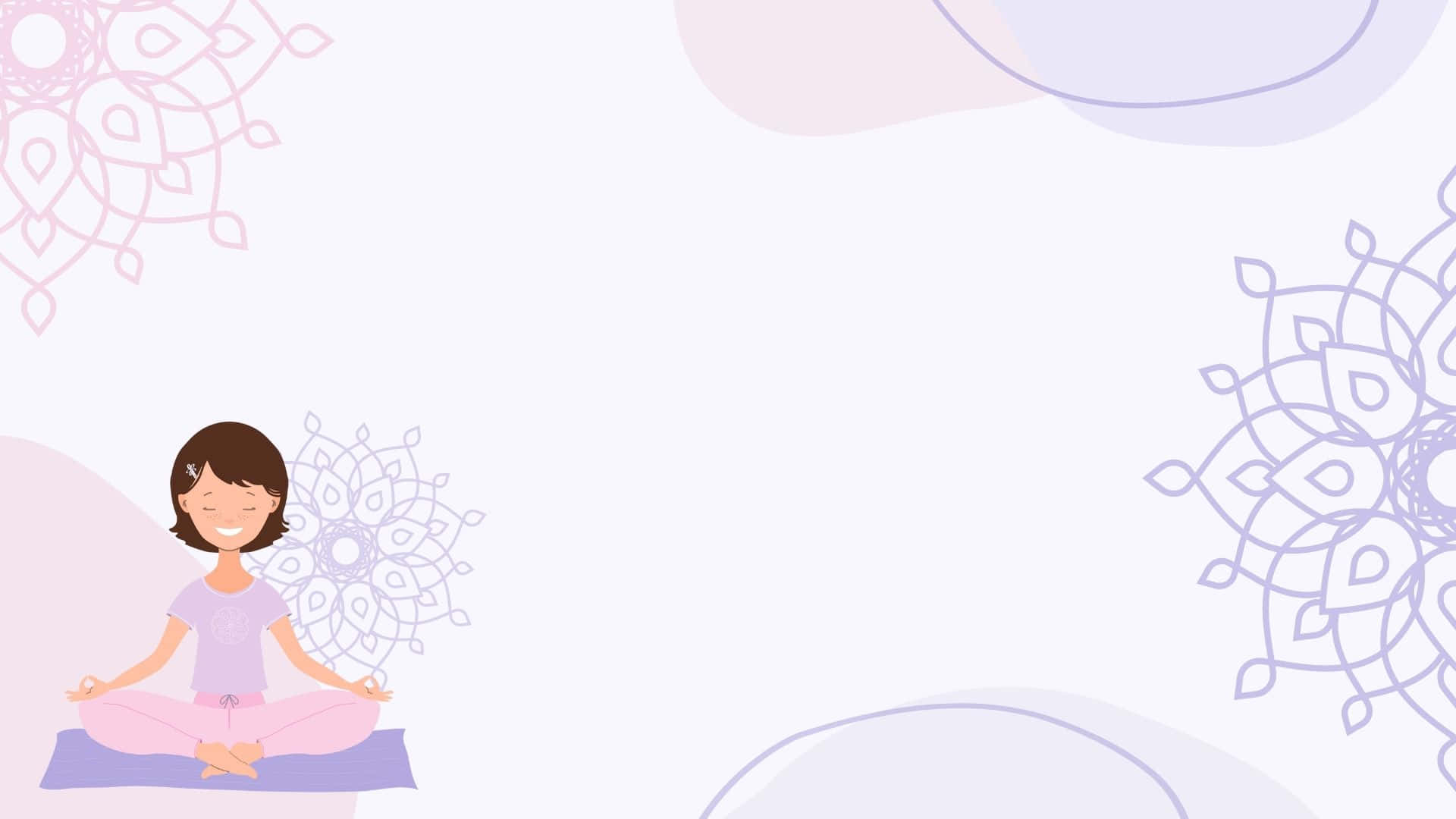 女孩 桌布 壁紙 — 一個微笑的女孩以蓮花坐姿平靜地冥想，周圍環繞著柔和的粉彩曼陀羅圖案。