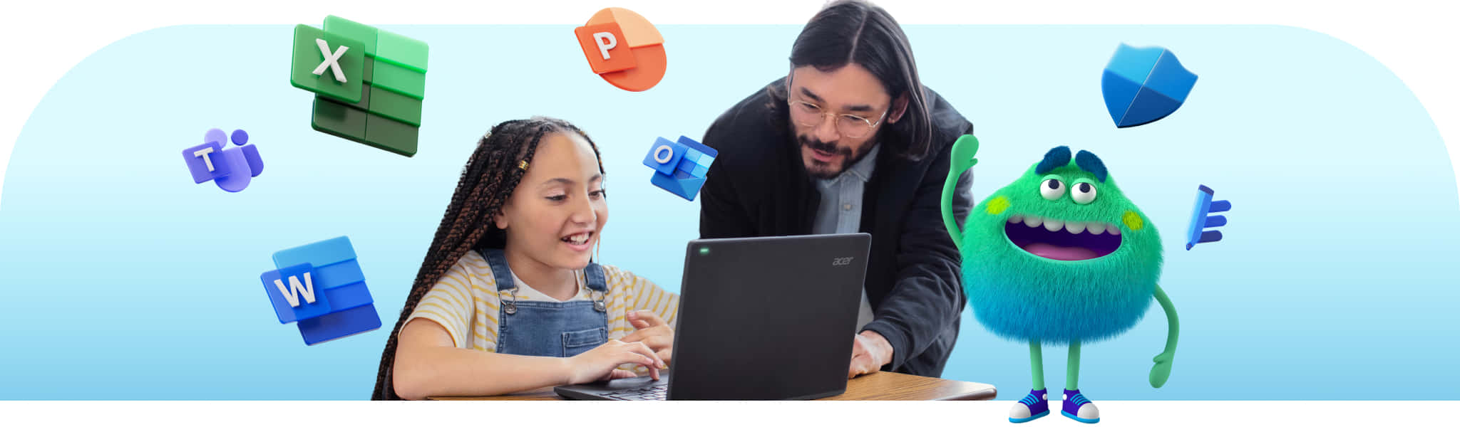 兒童和成人使用筆記型電腦，帶有漂浮的Microsoft Office應用程式和卡通怪物。 — Microsoft 壁紙