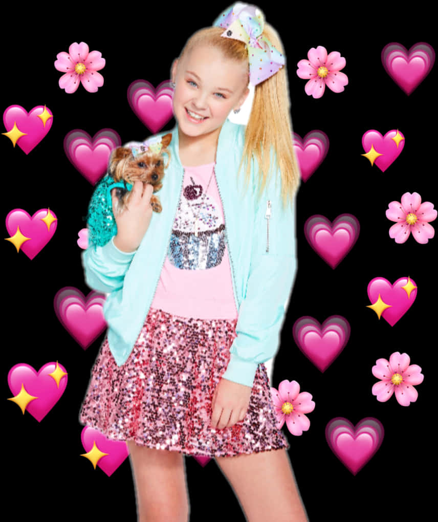 JoJo Siwa 桌布 壁紙 — 一個微笑的女孩穿著閃亮的粉紅色和藍綠色衣服，抱著一隻小狗，周圍是粉紅色的心形和花朵，背景是黑色。