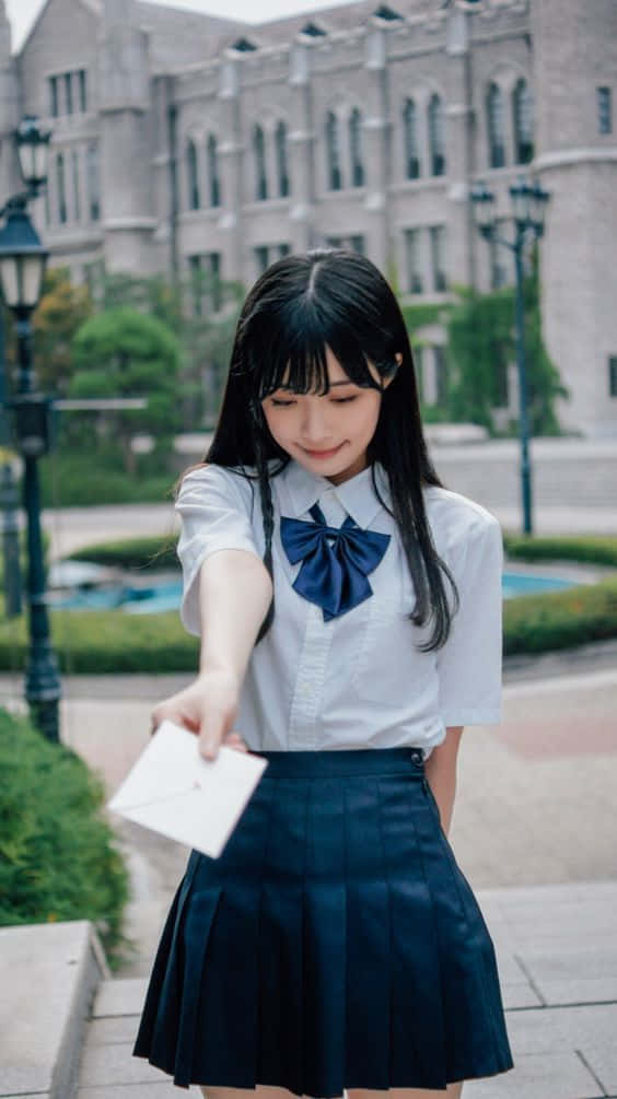 美學 桌布 壁紙 — 一個微笑的女學生，穿著白襯衫和海軍藍百褶裙，在宏偉的石建築前向觀眾遞出一個信封。