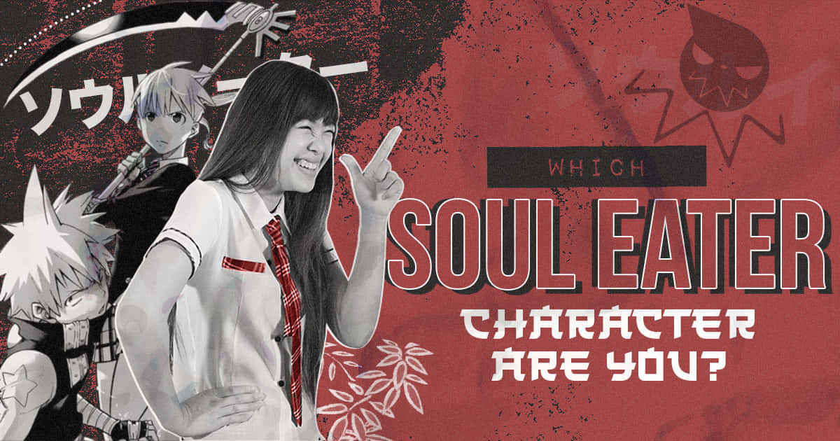 Soul Eater 桌布 壁紙 — 一個微笑的女學生穿著校服，在紅色背景前指向觀眾，並有動漫角色和「Soul Eater」文字。