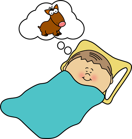 Cartoon 桌布 壁紙 — 一個微笑的孩子睡在青綠色毯子下，頭上有個對話框顯示一隻棕色的狗。