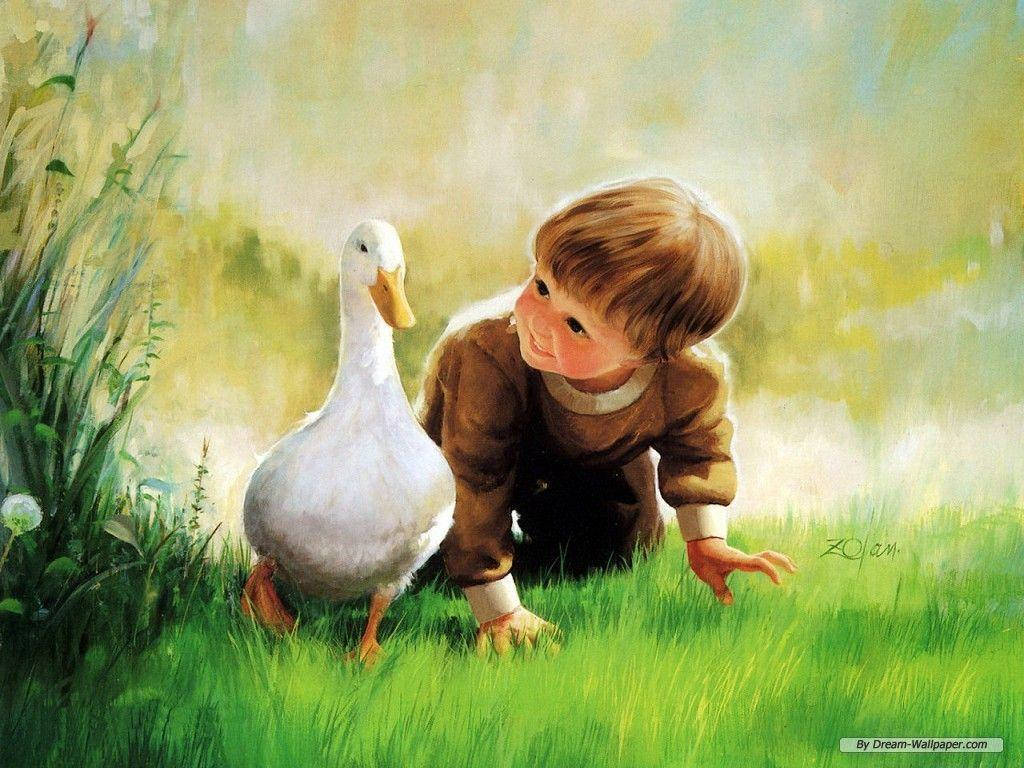 Paint Art 桌布 壁紙 — 一個微笑的孩子穿著棕色連身衣，蹲在鮮綠色的草地上，旁邊有一隻橙色腳的白鴨。