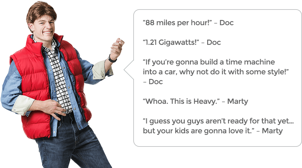 回到未來 桌布 壁紙 — 一個微笑的年輕男子穿著紅色羽絨背心和格紋襯衫，在一個帶有經典電影台詞的對話氣泡旁邊興奮地做手勢。