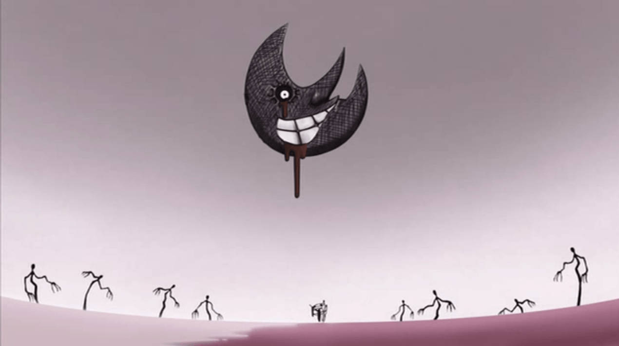 soul eater moon 桌布 壁紙 — 一個微笑的彎月，只有一隻眼睛和露齒笑容，漂浮在荒蕪的景觀上，上面有火柴人般的生物。