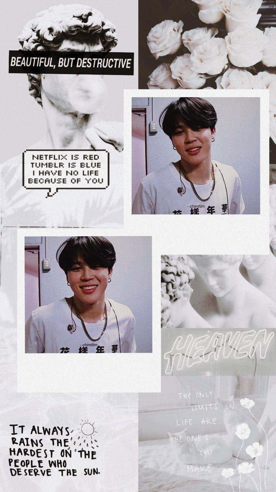 Jimin Aesthetic 桌布 壁紙 — 一個微笑的男人、白玫瑰、大理石雕像和手寫語錄的拼貼畫，背景帶有紋理。
