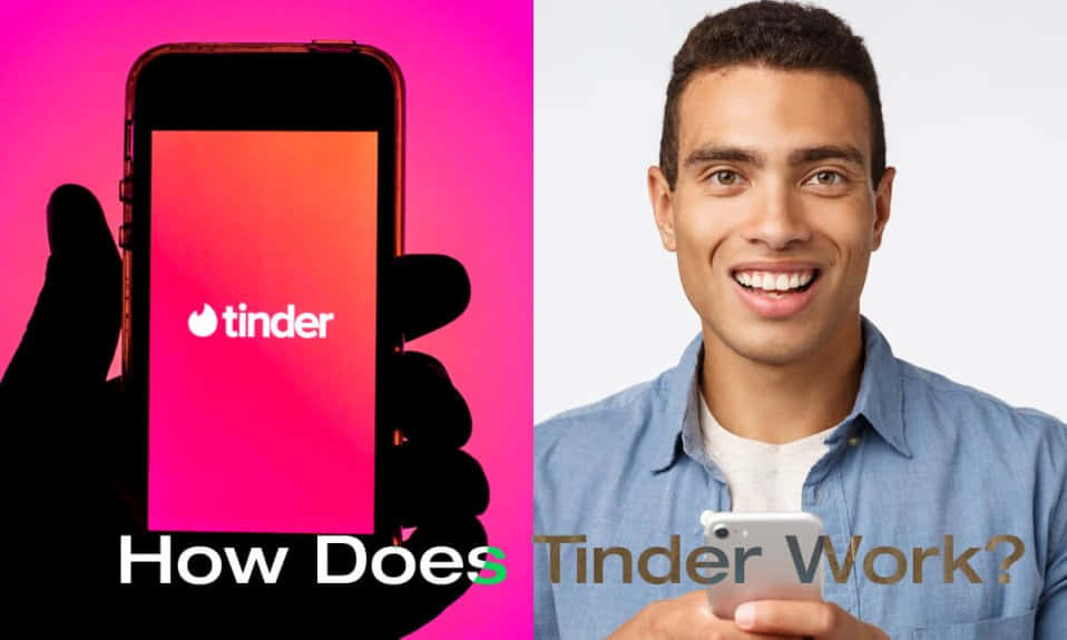 tinder 桌布 壁紙 — 一個微笑的男人拿著手機，顯示Tinder應用程式，背景為鮮豔的粉紅色，並附有文字詢問Tinder如何運作。