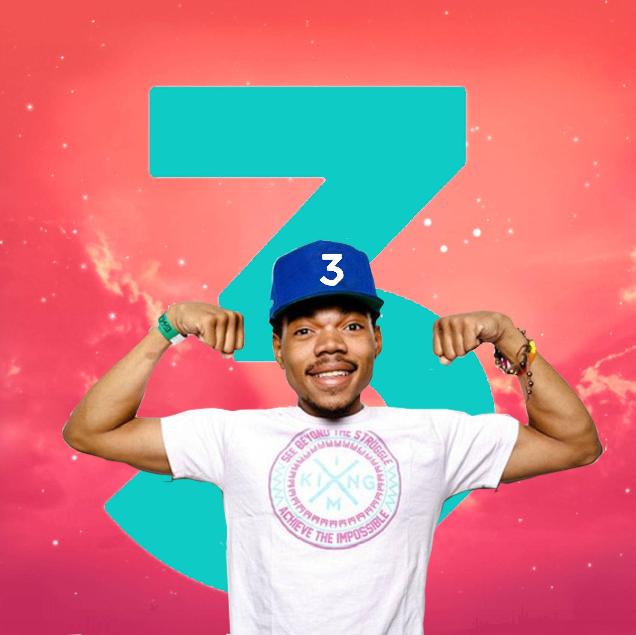 chance 桌布 壁紙 — 一個微笑的男人穿著帽子和T恤，在充滿活力的粉紅色和藍綠色宇宙背景前展示肌肉，背景中有一個巨大的數字三。