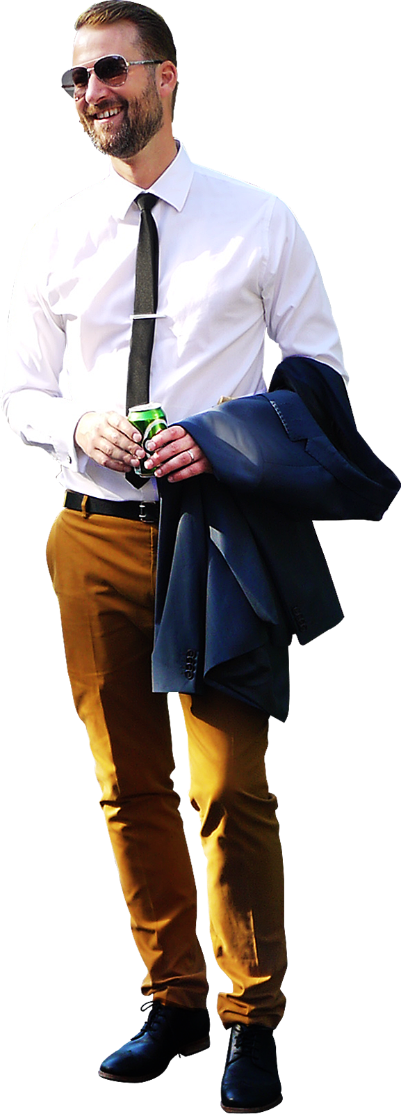 Mens Fashion 桌布 壁紙 — 一個微笑的男人穿著白襯衫和棕色褲子，手拿綠色罐頭，手臂上掛著一件海軍藍西裝外套。
