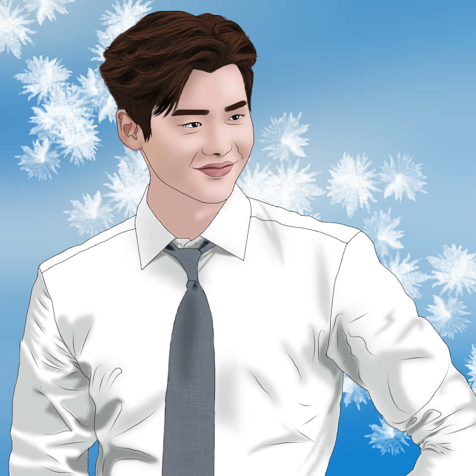 korean 桌布 壁紙 — 一個微笑的男人穿著白襯衫和灰色領帶，站在藍天和飄浮的雪花前。