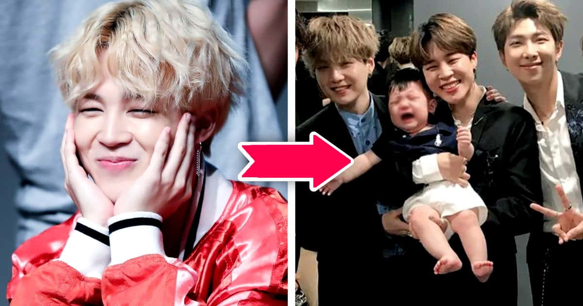 BTS 桌布 壁紙 — 一個微笑的男人穿著紅色外套，旁邊是一張他與朋友抱著哭泣嬰兒的合照。