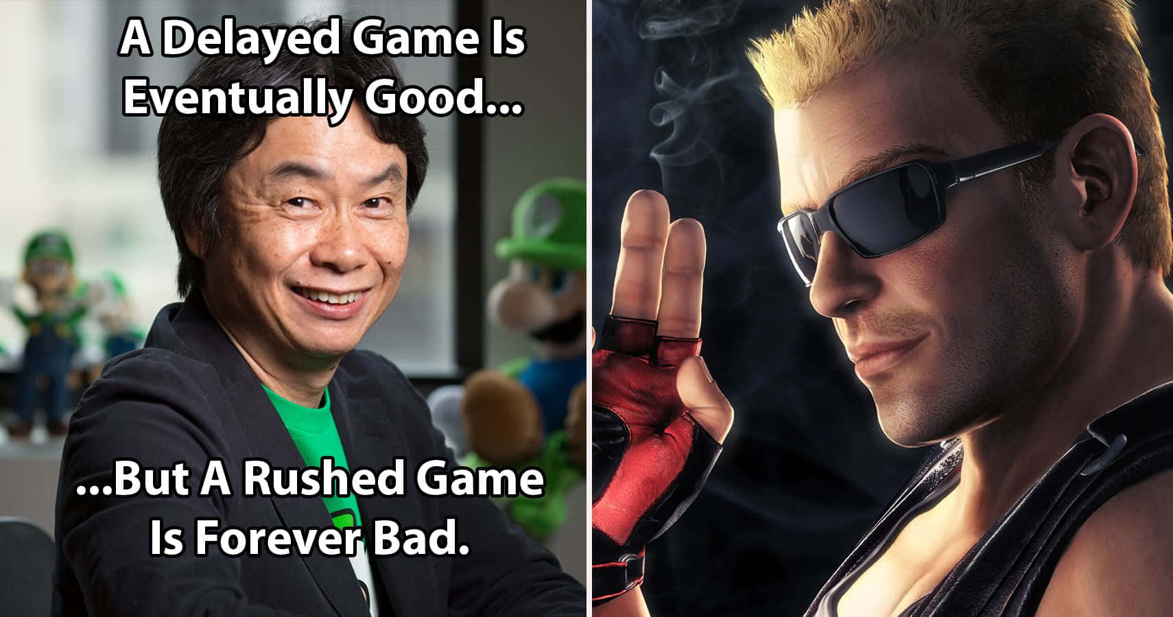 Gaming Memes 桌布 壁紙 — 一個微笑的男人穿著綠色襯衫，坐在一個戴著太陽眼鏡並做出和平手勢的電子遊戲角色旁邊。