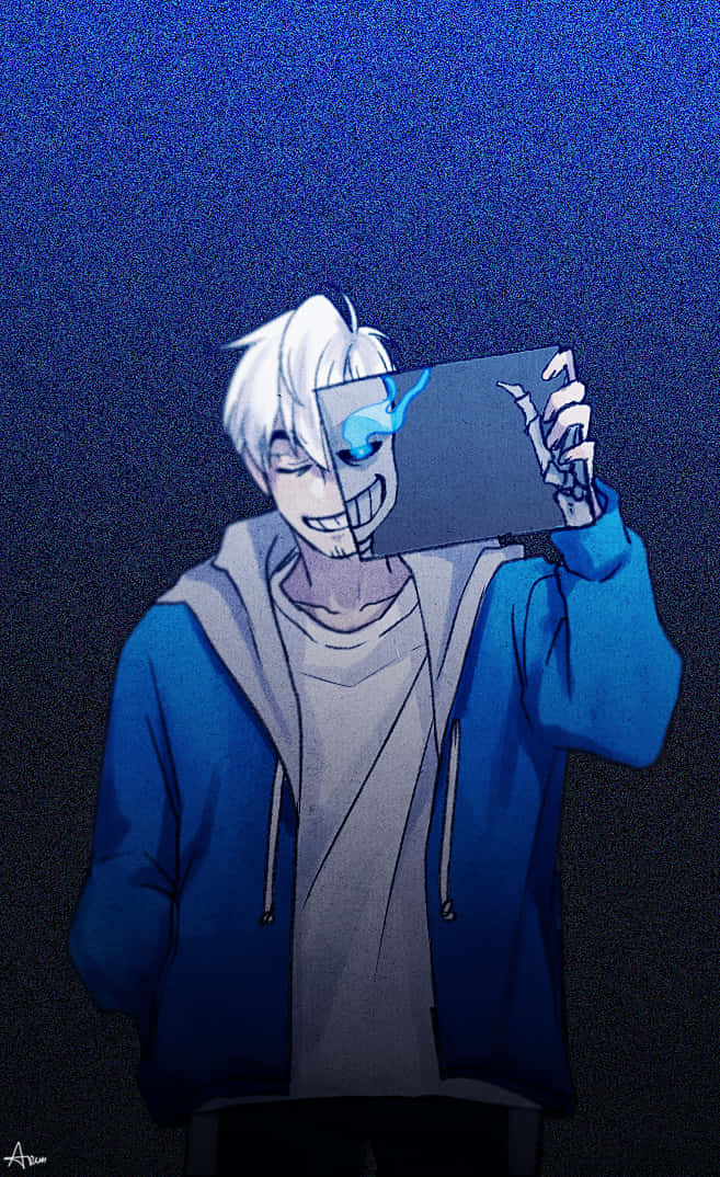 藝術 桌布 壁紙 — 一個微笑的白髮藍眼動漫男孩，手持平板電腦，顯示在深藍色背景上發光的藍色鯨魚。