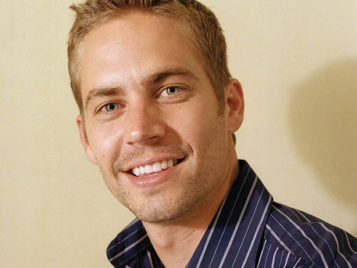 Paul Walker 桌布 壁紙 — 一個微笑的短金髮男人穿著藍色細條紋襯衫，背景為純米色的特寫肖像。