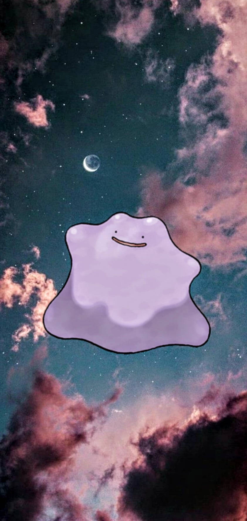 夜空 桌布 壁紙 — 一個微笑的紫色幽靈在繁星點點的暮色天空中，伴隨著粉紅色的雲朵和一彎新月，平靜地漂浮著。