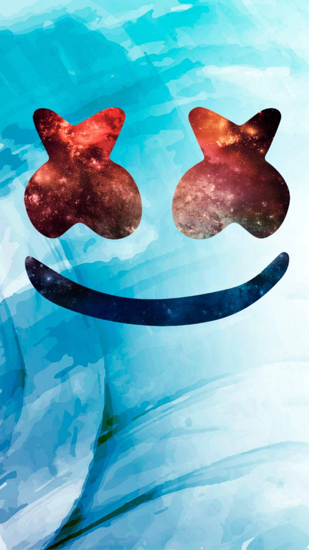 marshmello iPhone 桌布 壁紙 — 一個微笑的臉，帶有銀河眼睛和星形嘴巴，襯著水藍色背景。