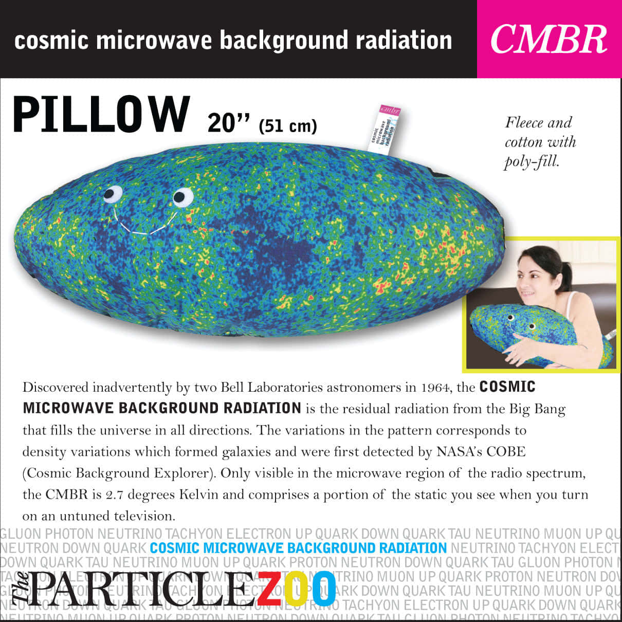 Cosmic Microwave 桌布 壁紙 — 一個微笑的藍綠色枕頭，形狀像宇宙微波背景輻射，帶有咕嚕眼和黃色斑點。