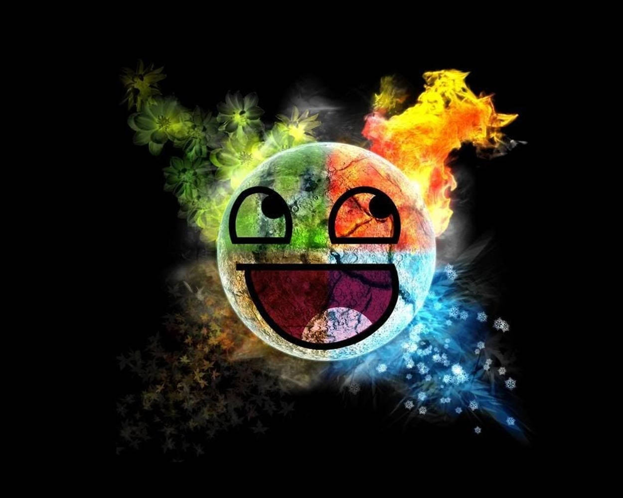 Profile 桌布 壁紙 — 一個微笑的行星，表面噴發出熾熱的橙色火焰、綠色花朵和藍色雪花，背景為黑色。