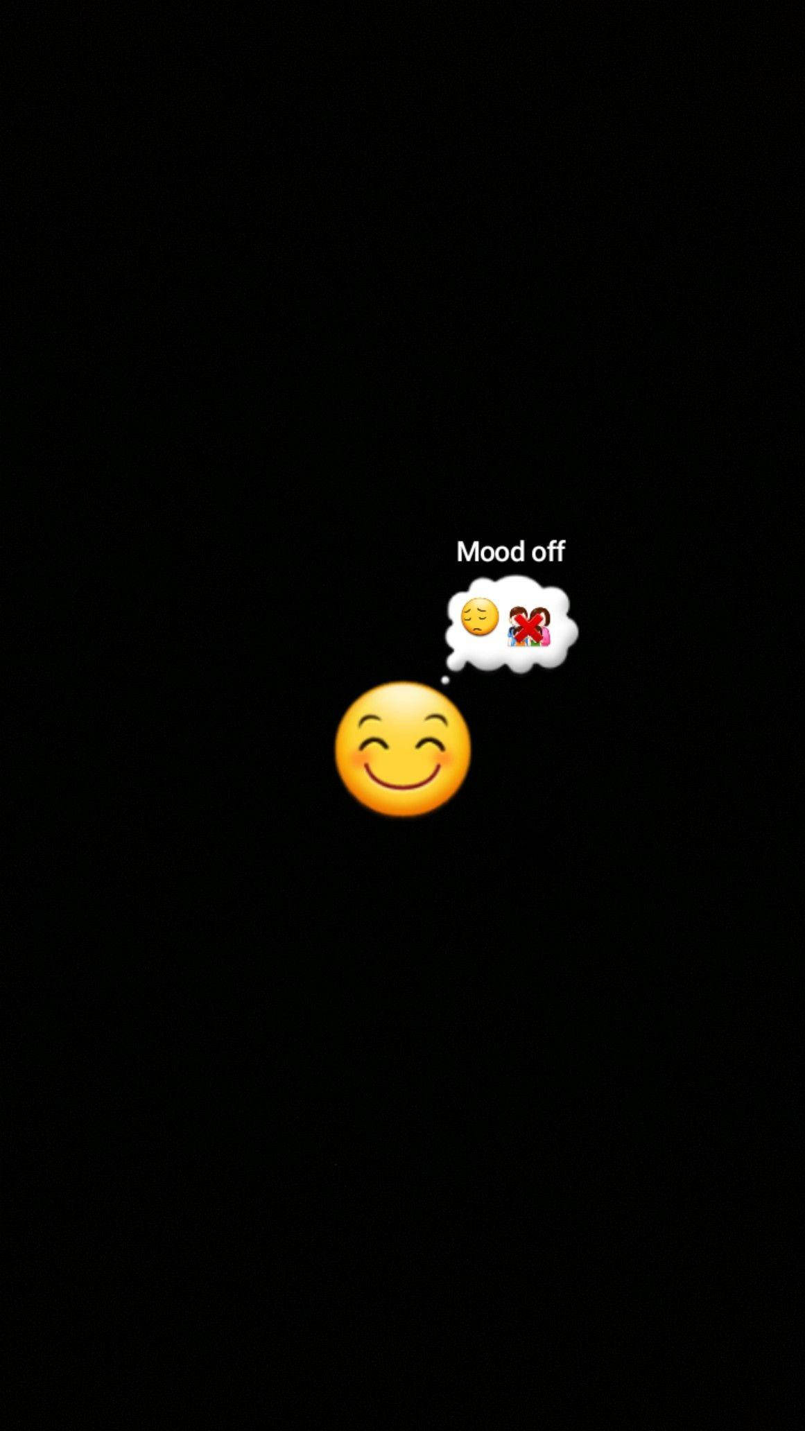 Sad Emoji 桌布 壁紙 — 一個微笑的表情符號，帶有對話氣泡寫著「Mood off」，裡面包含一個悲傷的臉和一個紅色的X，背景為黑色。