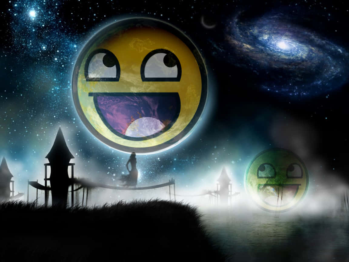 桌布 壁紙 — 一個微笑的表情符號星球，嘴裡有紫色星雲，漂浮在霧氣瀰漫的景觀上空，有剪影塔樓和橋上孤獨的身影。