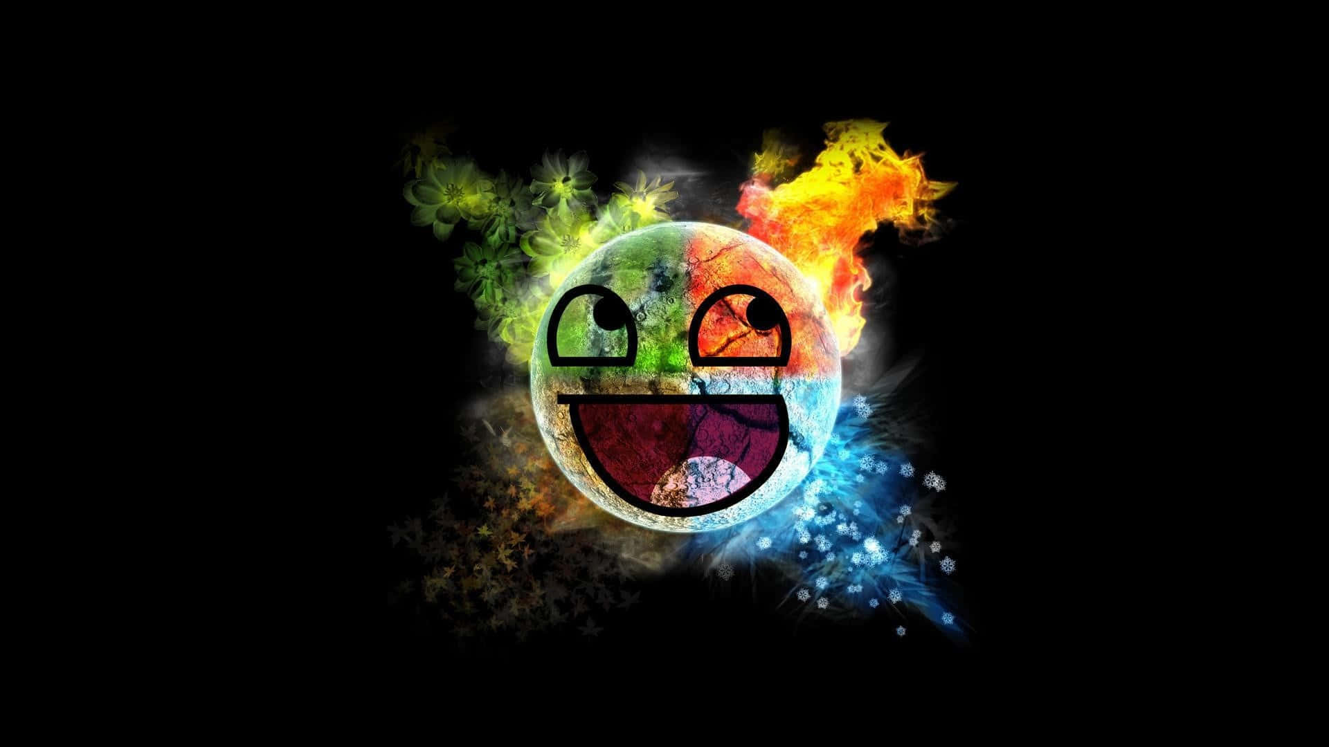 awesome cool 桌布 壁紙 — 一個微笑的表情符號球體在黑色背景上散發出鮮豔的火焰和霜凍。