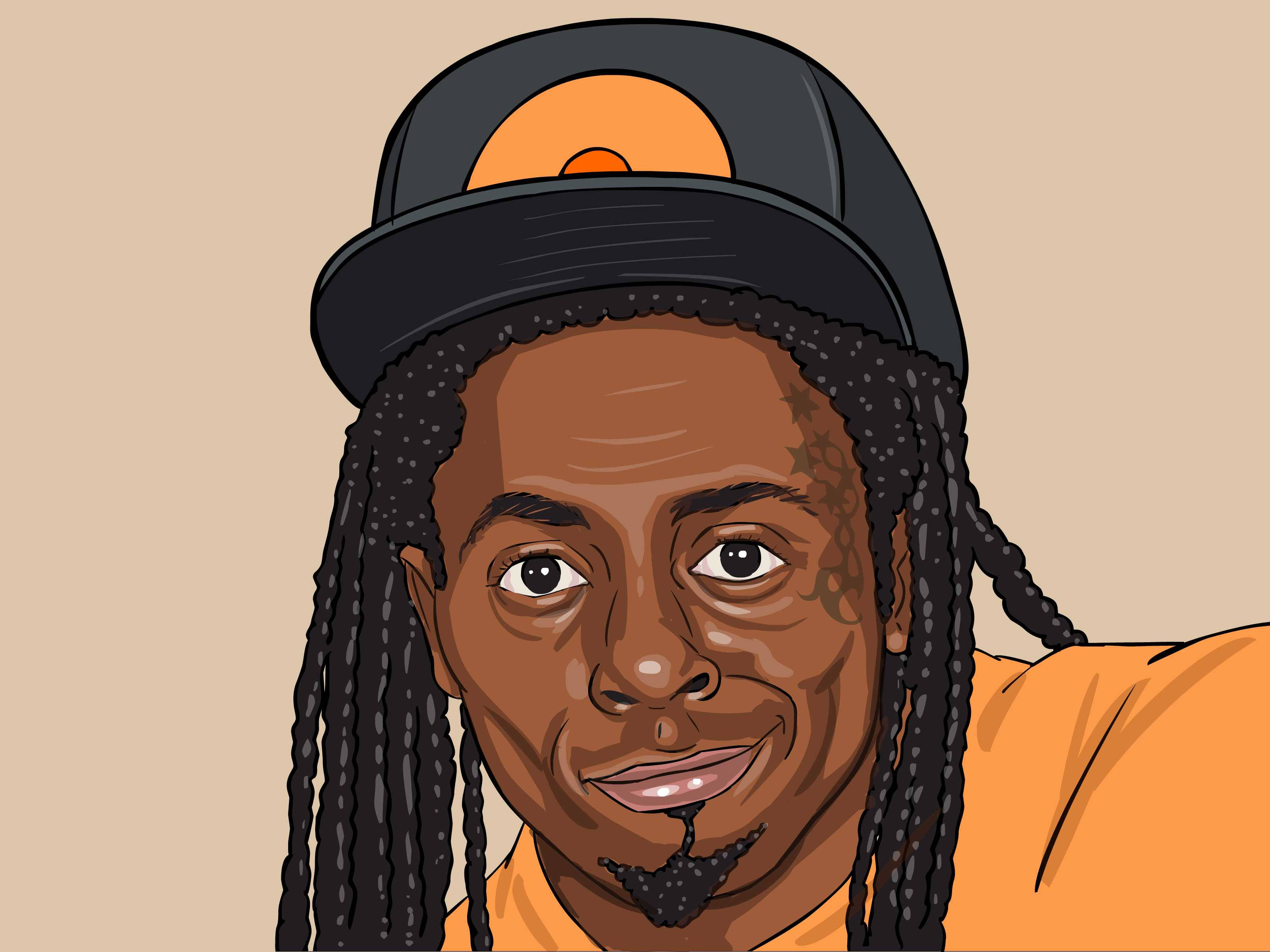 Lil Wayne 桌布 壁紙 — 一個微笑的辮子男生的鮮豔數位插圖，戴著黑色帽子，穿著橙色襯衫，背景是米色。