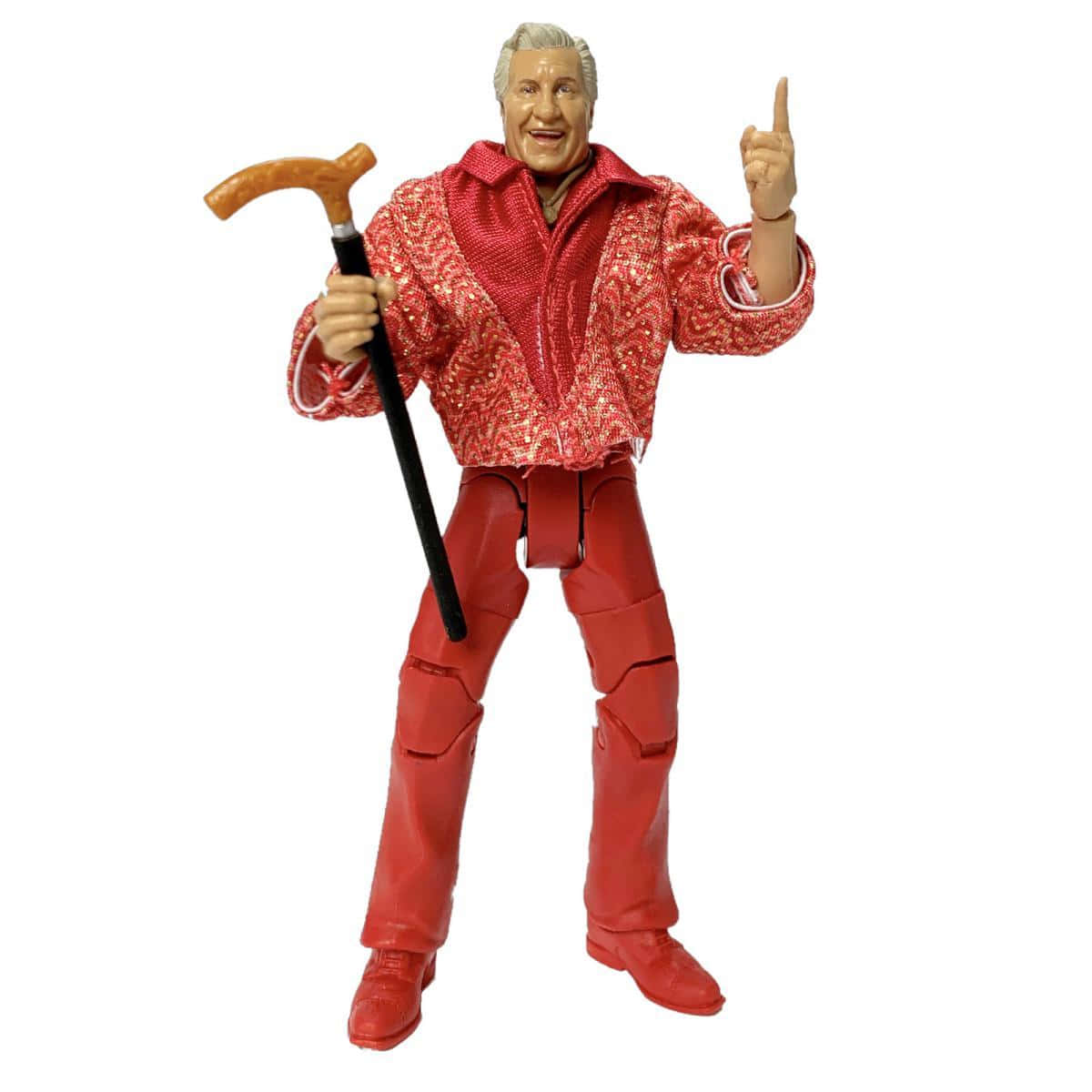 figure 桌布 壁紙 — 一個微笑老人手持枴杖並指向上方的紅色亮片動作人偶。